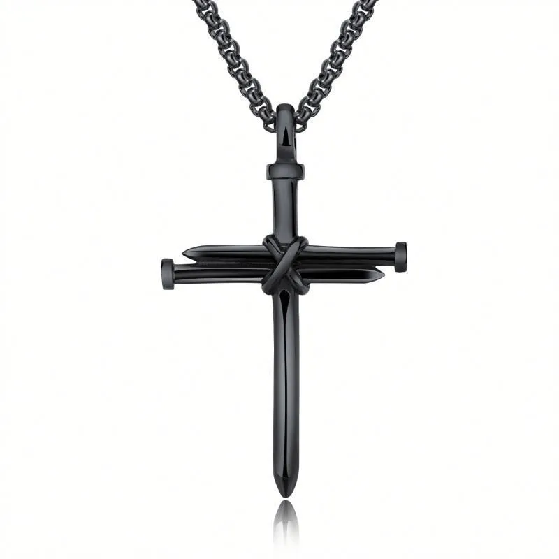 1618484890825-black-20251030-140828.webp Steel Gold Black Color Fashion Mens Iron Nail Cross Pendant Necklace Stainless Steel 3mm Round Box Chain Jewelry Gift For Men - Image 1