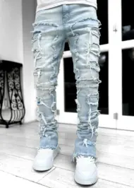 Men Trousers Individual Patched Pants Long Tight Fit Stacked Jeans For Mens Clothing - Image 5